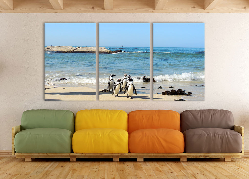Pinguine am Strand, XXL Leinwandbild als 3 Teiler
