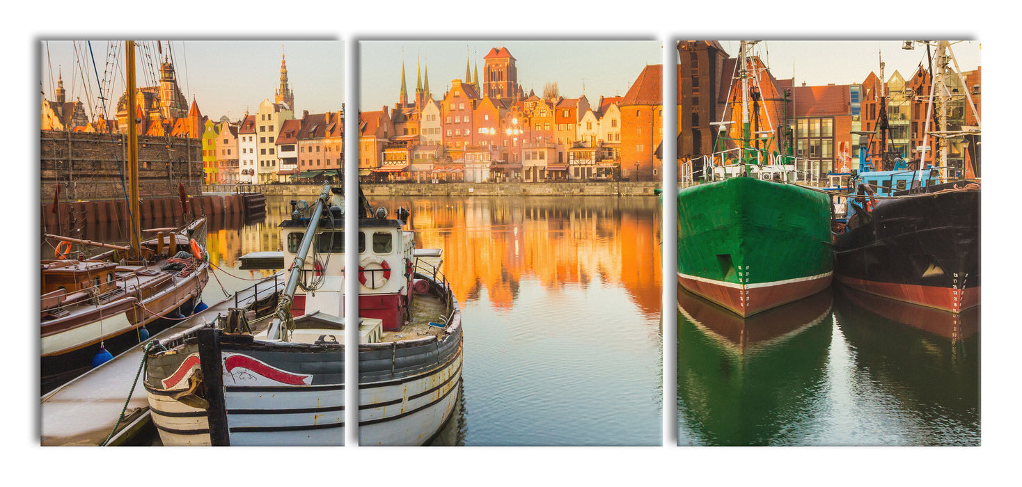 Hafen in der Dämmerung, XXL Leinwandbild als 3 Teiler