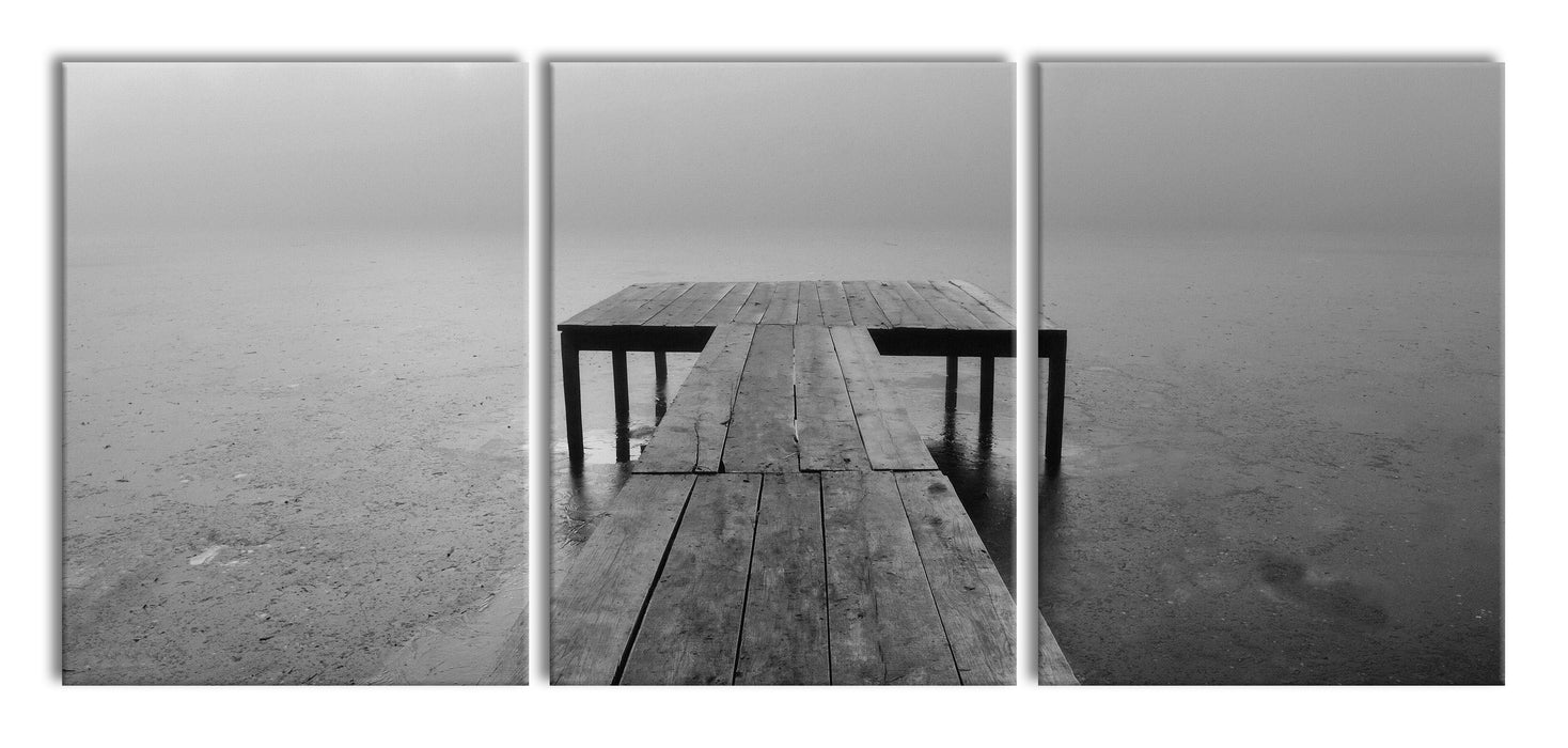 Steg am See Nebel, XXL Leinwandbild als 3 Teiler