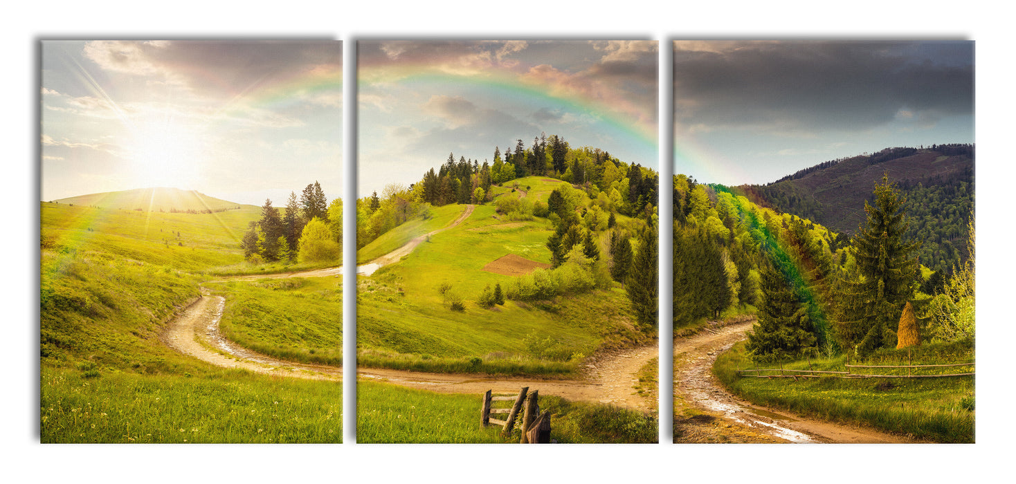 Landschaft mit Regenbogen, XXL Leinwandbild als 3 Teiler