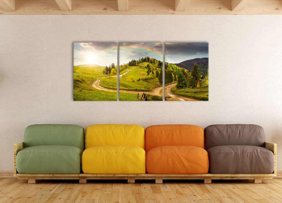 Landschaft mit Regenbogen, XXL Leinwandbild als 3 Teiler