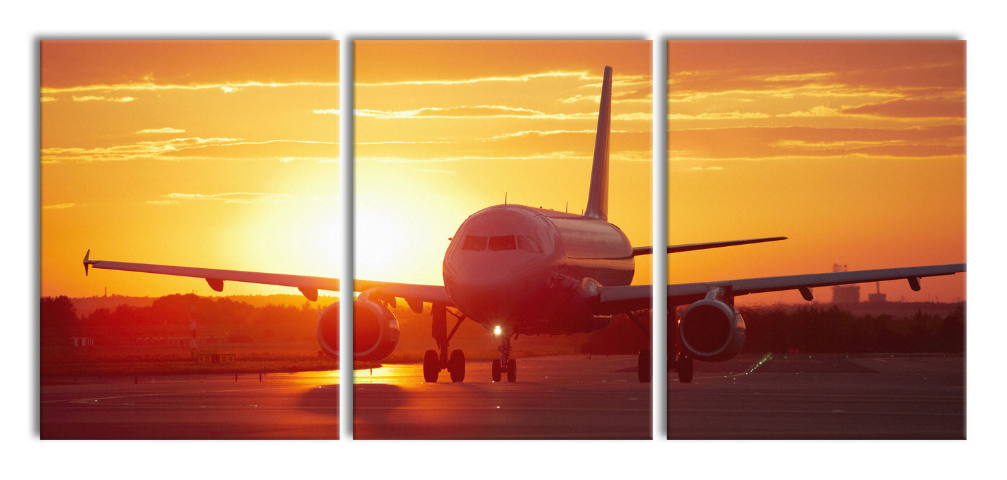 Flugzeug im Sonnenuntergang, XXL Leinwandbild als 3 Teiler