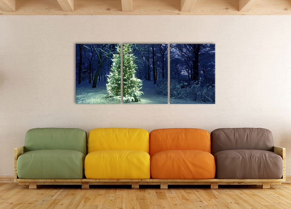Leuchtender Weihnachtsbaum, XXL Leinwandbild als 3 Teiler