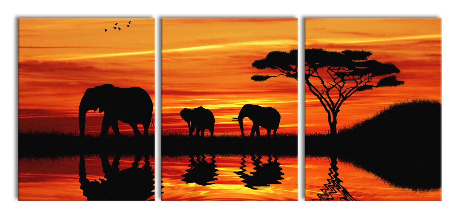 Afrika Elefant in Sonnenschein, XXL Leinwandbild als 3 Teiler