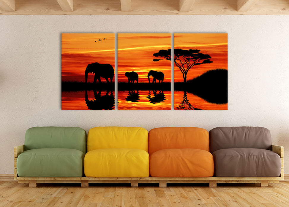 Afrika Elefant in Sonnenschein, XXL Leinwandbild als 3 Teiler