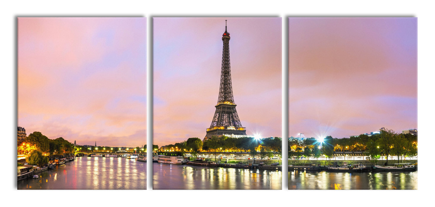 Eifelturm Paris bei Nacht, XXL Leinwandbild als 3 Teiler