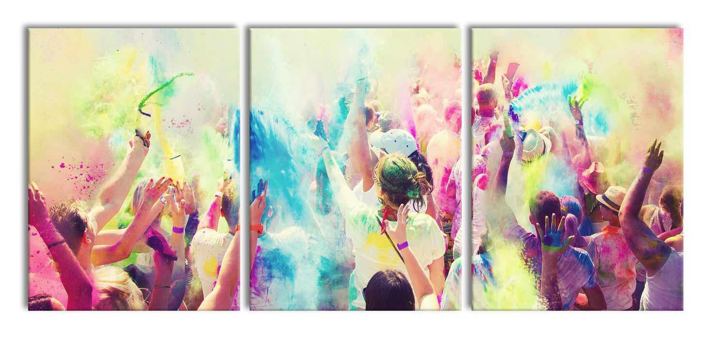 Farben Festival Holi Indien, XXL Leinwandbild als 3 Teiler