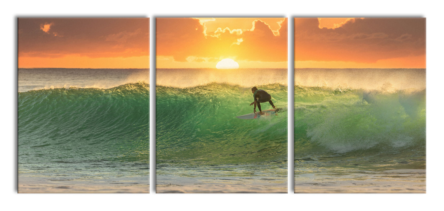 Surfen im Sonnenuntergang, XXL Leinwandbild als 3 Teiler