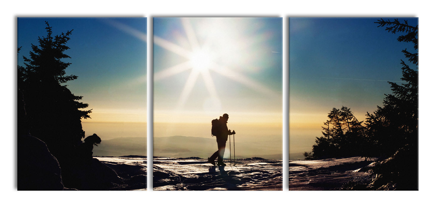 Wintersport Sonnenuntergang Ski, XXL Leinwandbild als 3 Teiler