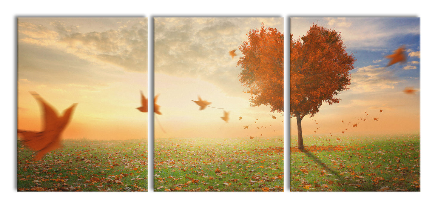 Herzbaum im Herbst, XXL Leinwandbild als 3 Teiler