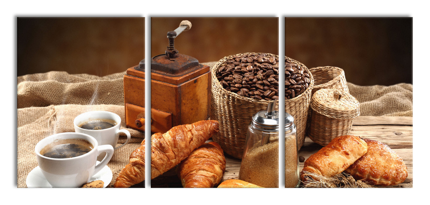 Aromatischer Kaffee mit Croissant, XXL Leinwandbild als 3 Teiler
