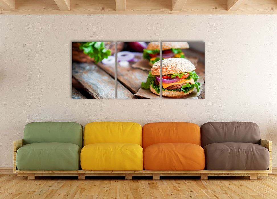 Leckere Burger, XXL Leinwandbild als 3 Teiler