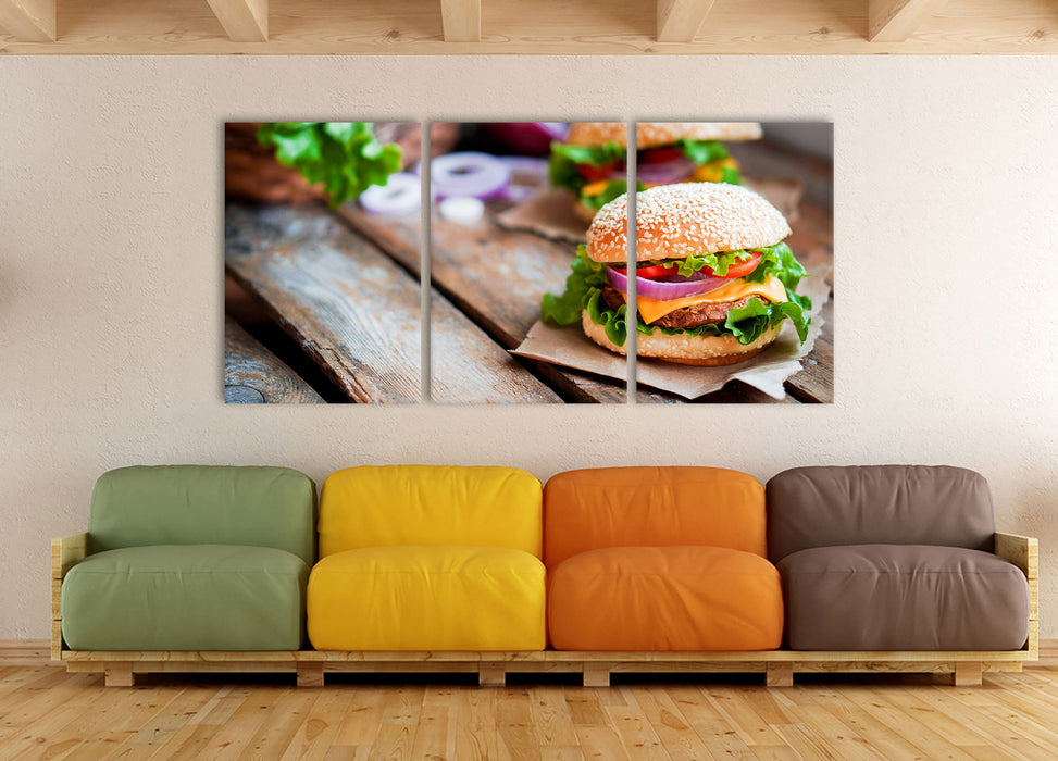 Leckere Burger, XXL Leinwandbild als 3 Teiler