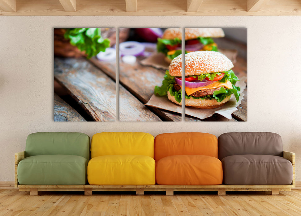 Leckere Burger, XXL Leinwandbild als 3 Teiler