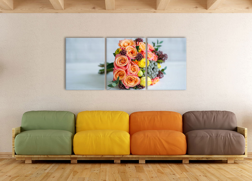 Romantischer Blumenstrauß, XXL Leinwandbild als 3 Teiler