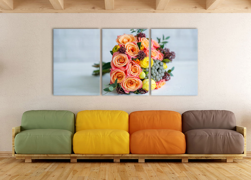 Romantischer Blumenstrauß, XXL Leinwandbild als 3 Teiler