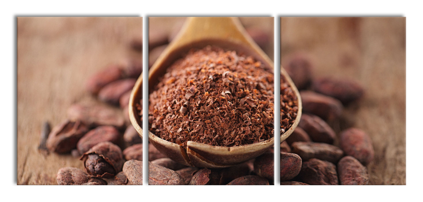 Kakaopulver und Kakaobohnen, XXL Leinwandbild als 3 Teiler