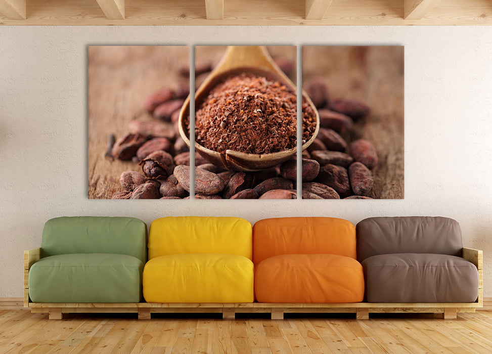 Kakaopulver und Kakaobohnen, XXL Leinwandbild als 3 Teiler