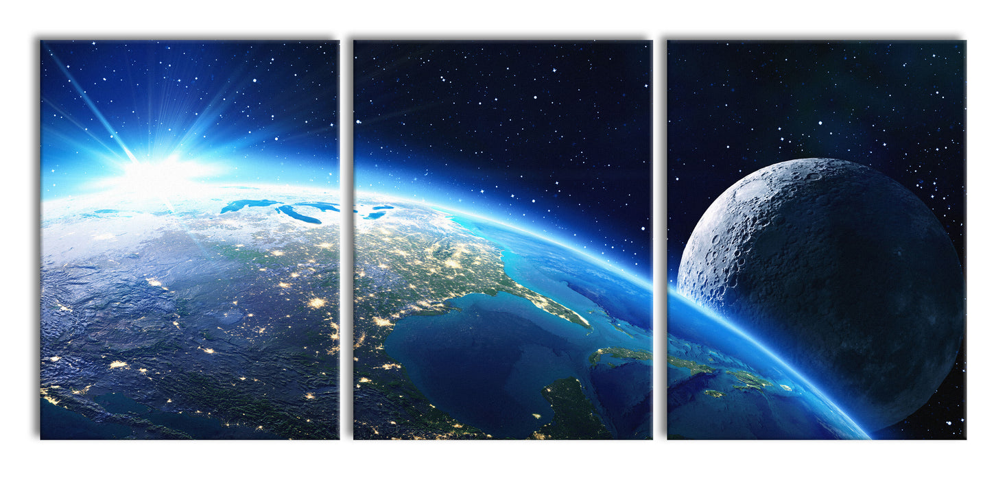 Erde und ihr Mond aus dem All, XXL Leinwandbild als 3 Teiler