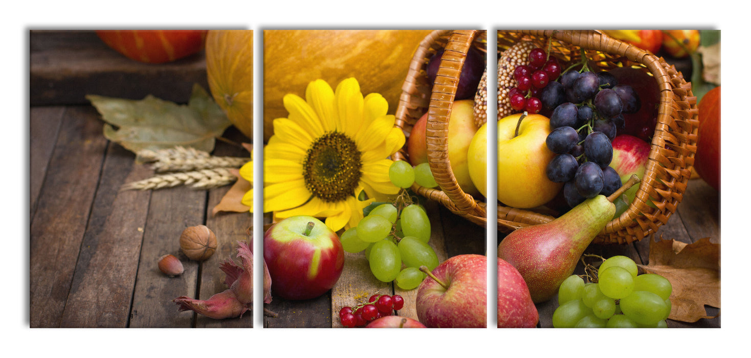 Herbstlicher Obstkorb, XXL Leinwandbild als 3 Teiler