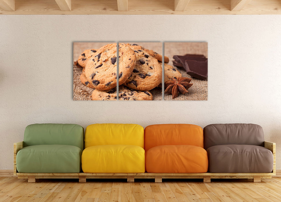 Cookies mit Schokostückchen, XXL Leinwandbild als 3 Teiler