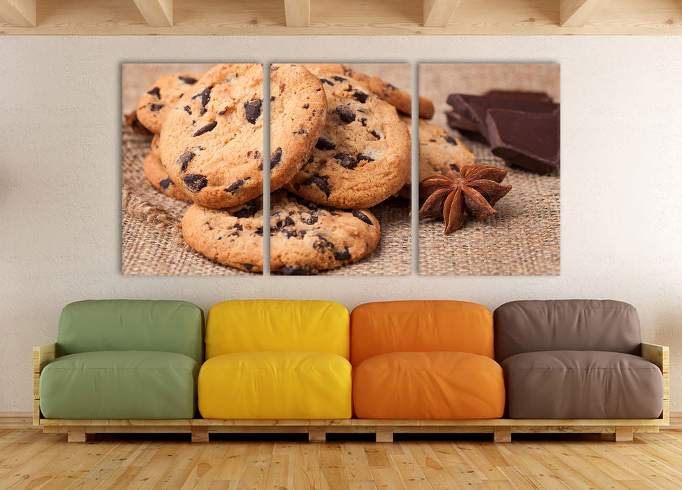 Cookies mit Schokostückchen, XXL Leinwandbild als 3 Teiler