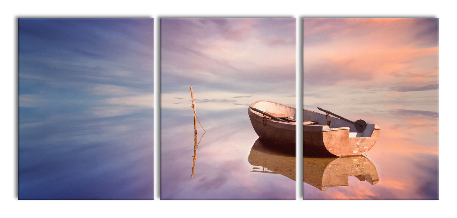 Einsames Boot auf See, XXL Leinwandbild als 3 Teiler