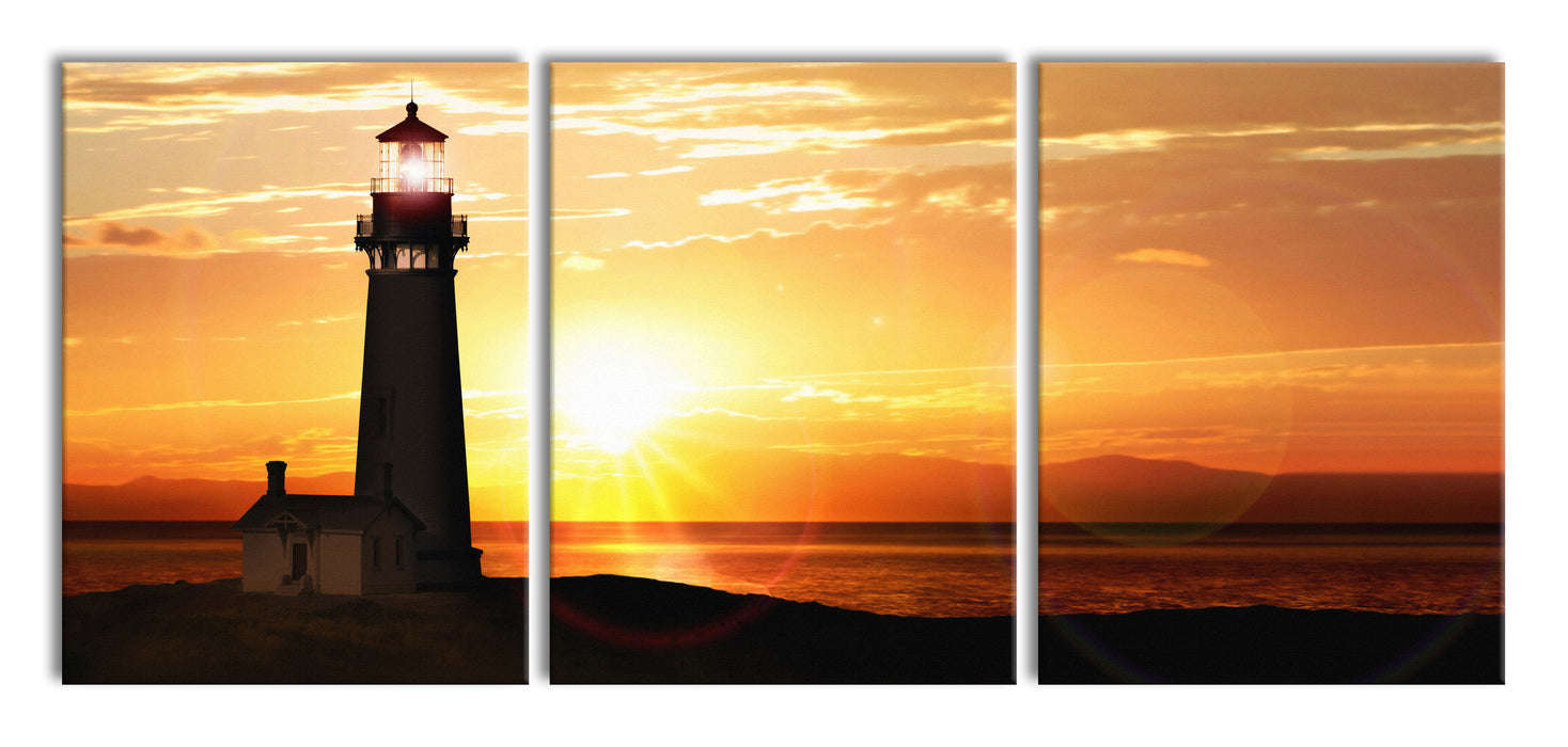 Leuchtturm im Sonnenuntergang, XXL Leinwandbild als 3 Teiler