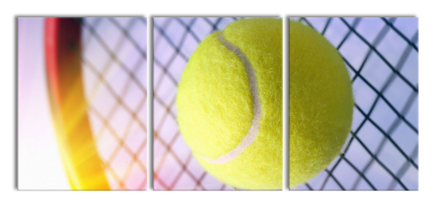 Tennisschläger Tennisball, XXL Leinwandbild als 3 Teiler