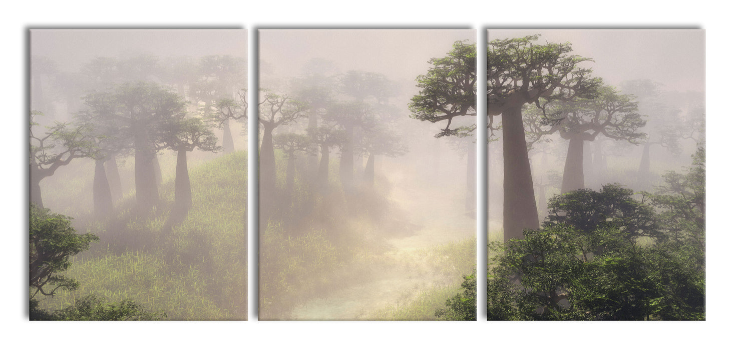 Mysteriöser Wald im Nebel, XXL Leinwandbild als 3 Teiler