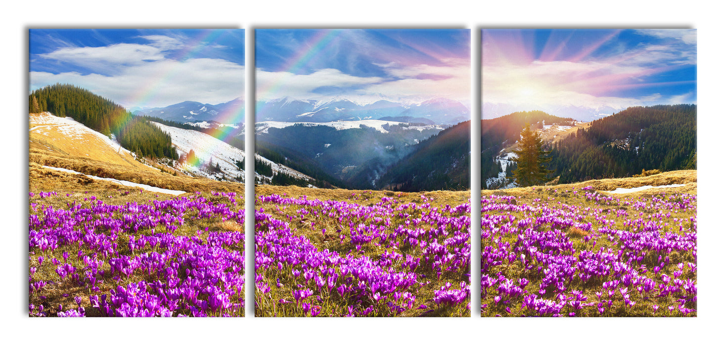 Berge mit Regenbogen, XXL Leinwandbild als 3 Teiler