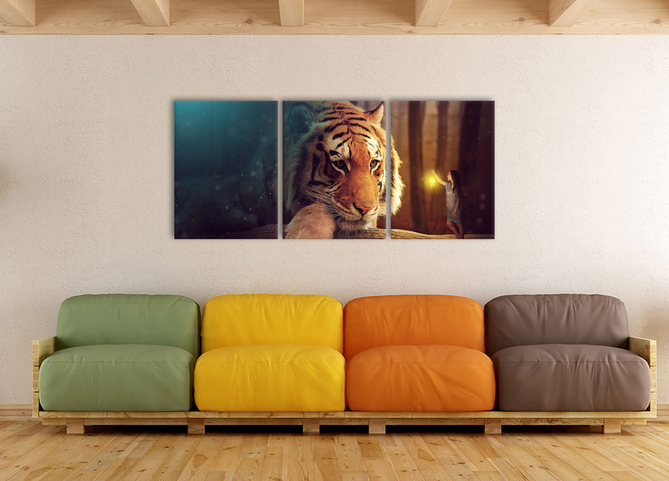 Eine Frau und ein Riesen-Tiger, XXL Leinwandbild als 3 Teiler