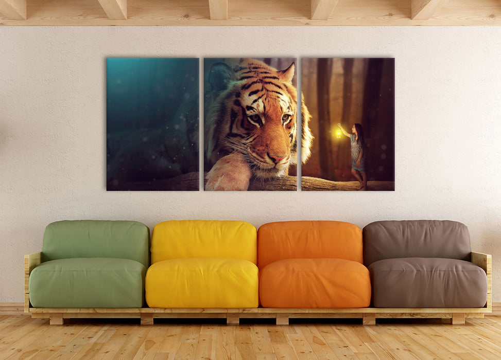 Eine Frau und ein Riesen-Tiger, XXL Leinwandbild als 3 Teiler