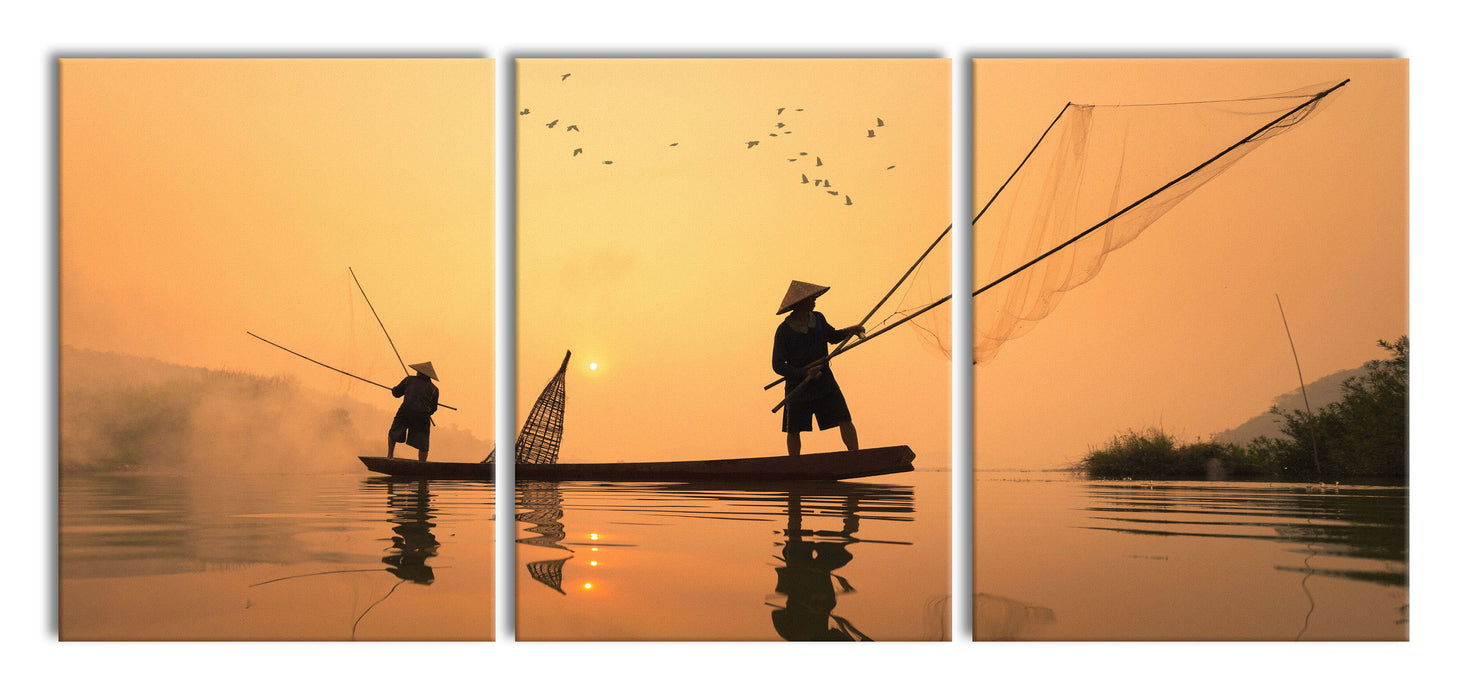 Fischer beim Angeln in Thailand, XXL Leinwandbild als 3 Teiler