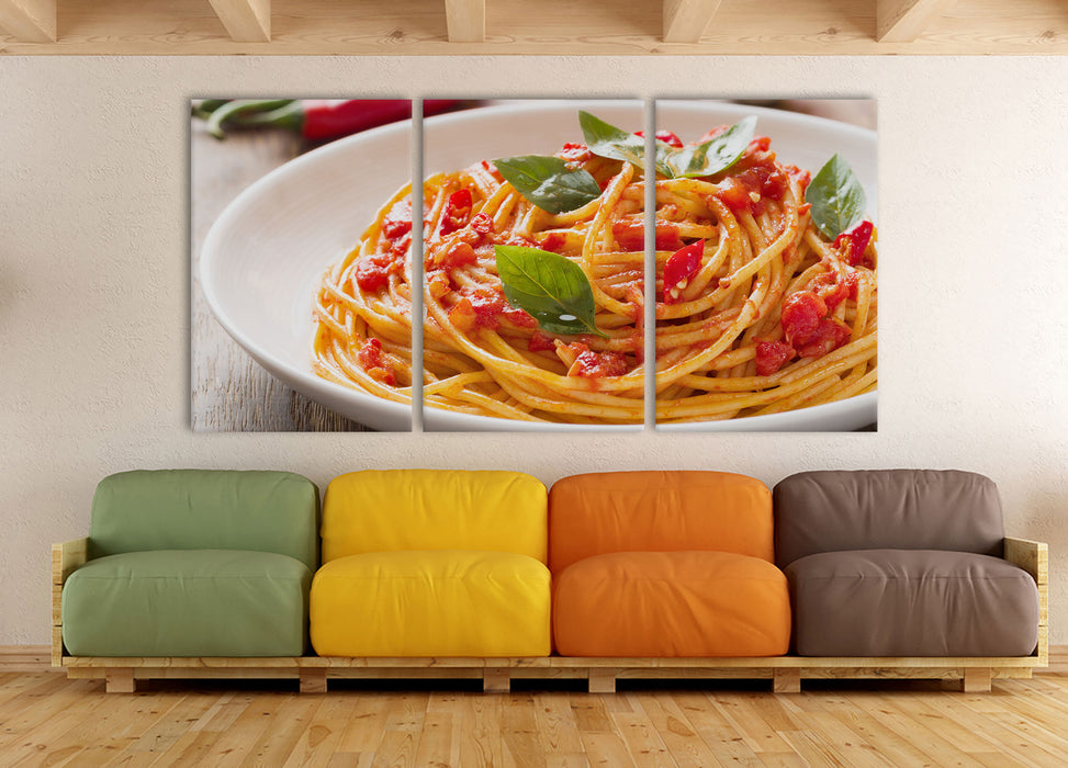 Rustikale italienische Spaghetti, XXL Leinwandbild als 3 Teiler