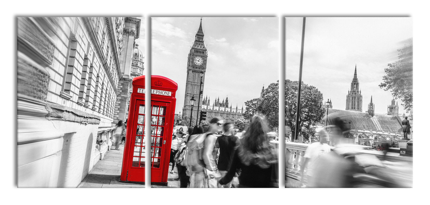 Typische Telefonzelle in London, XXL Leinwandbild als 3 Teiler