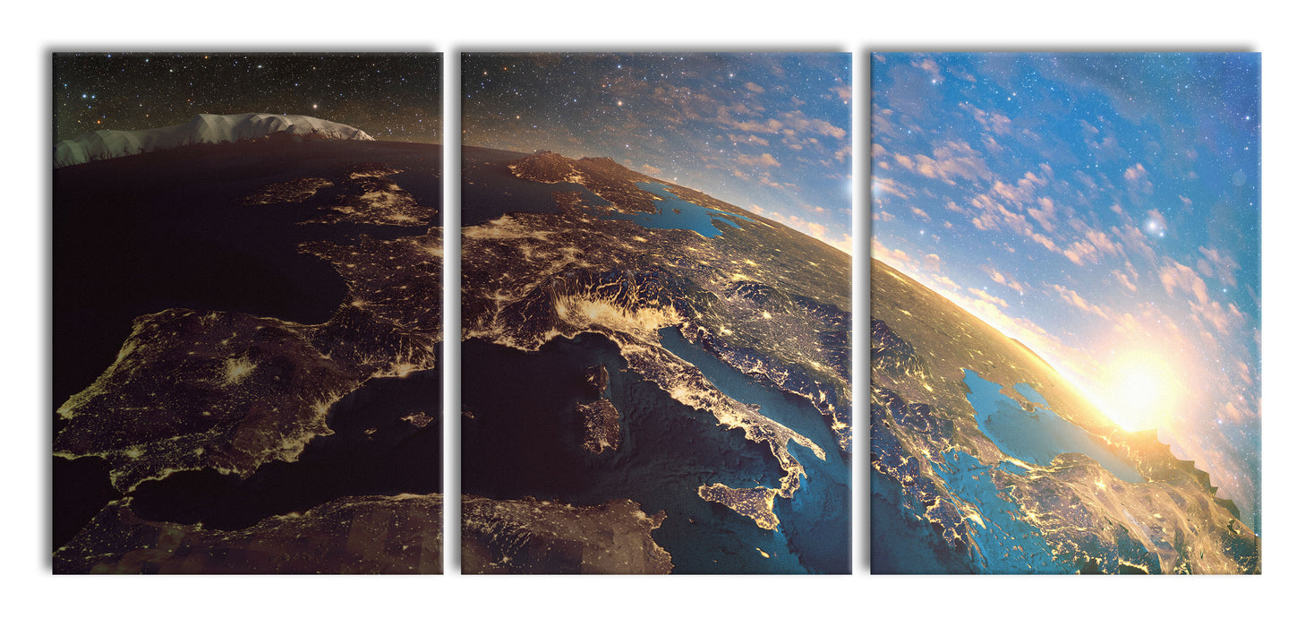 Erde im Weltall, XXL Leinwandbild als 3 Teiler