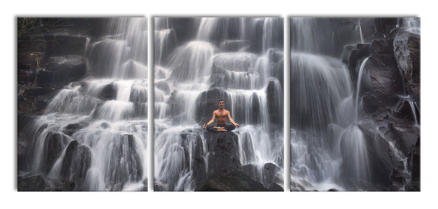 Yoga am Wasserfall in Bali, XXL Leinwandbild als 3 Teiler