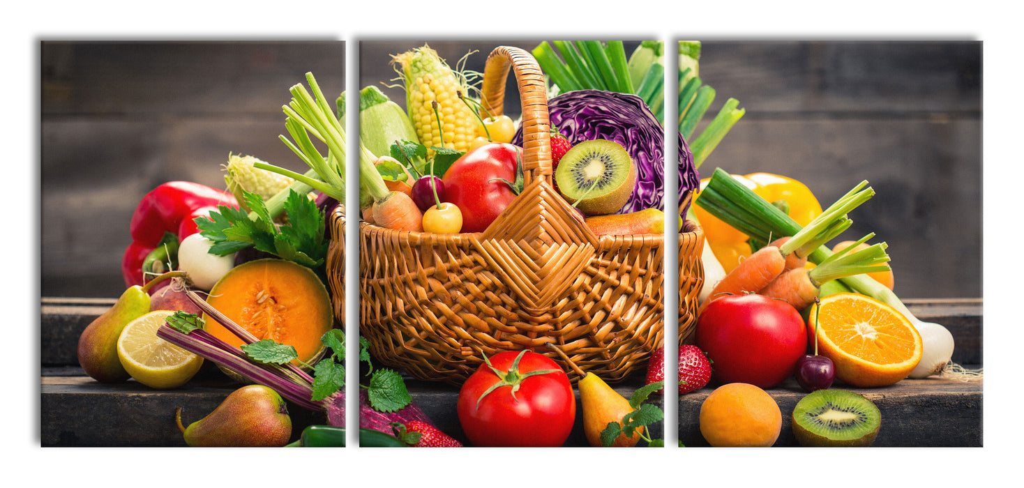 Frisches Obst und Gemüse im Korb, XXL Leinwandbild als 3 Teiler