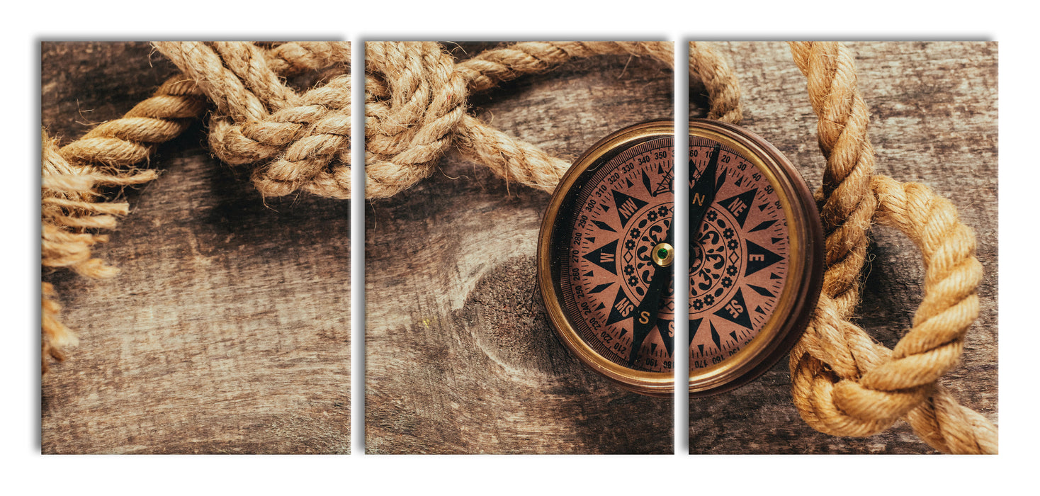 Schiffseil und Kompass, XXL Leinwandbild als 3 Teiler
