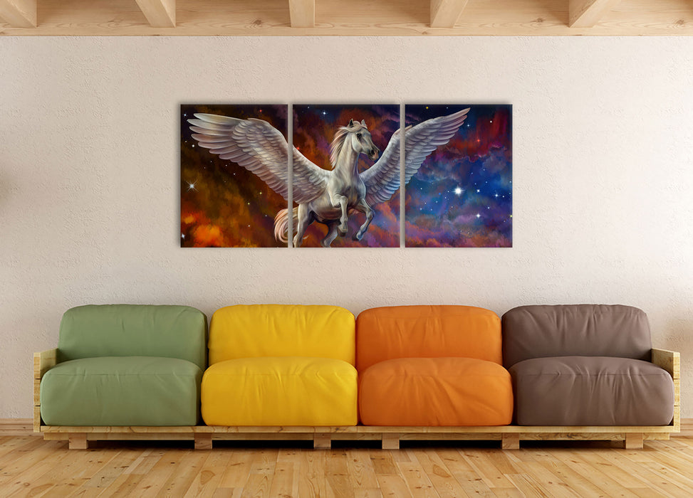 Weißer Pegasus mit Engelsflügel, XXL Leinwandbild als 3 Teiler