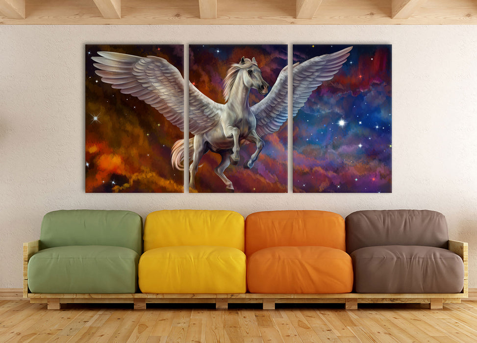 Weißer Pegasus mit Engelsflügel, XXL Leinwandbild als 3 Teiler