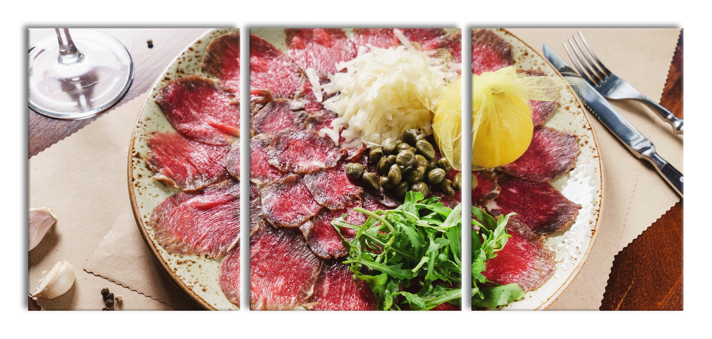 appetitliches Carpaccio, XXL Leinwandbild als 3 Teiler