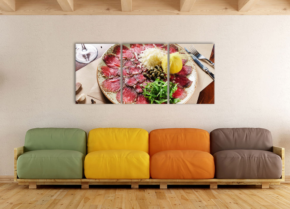 appetitliches Carpaccio, XXL Leinwandbild als 3 Teiler