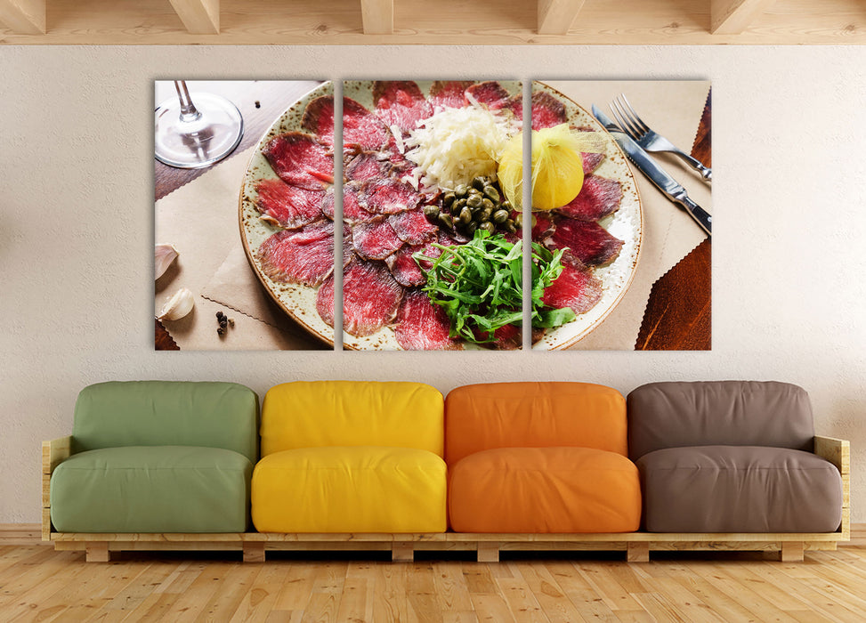 appetitliches Carpaccio, XXL Leinwandbild als 3 Teiler