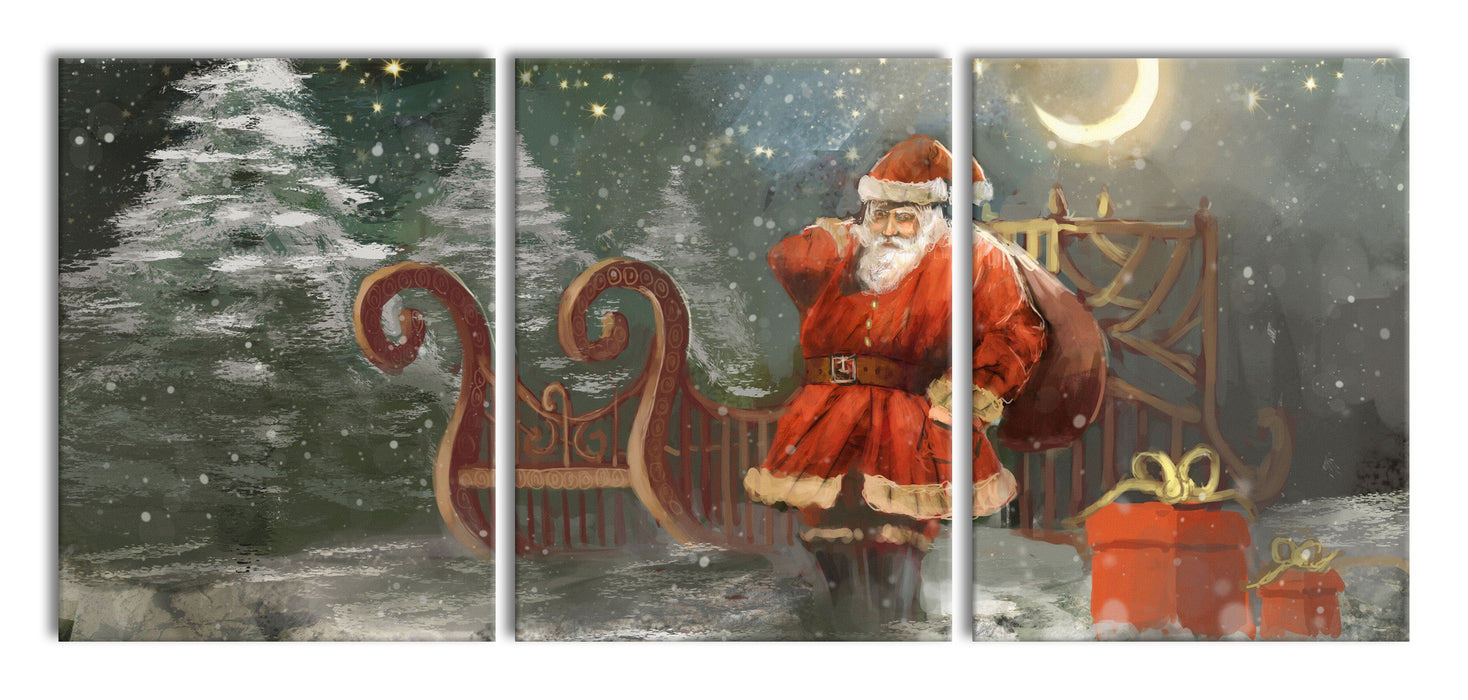 Weihnachtsmann mit Geschenken, XXL Leinwandbild als 3 Teiler