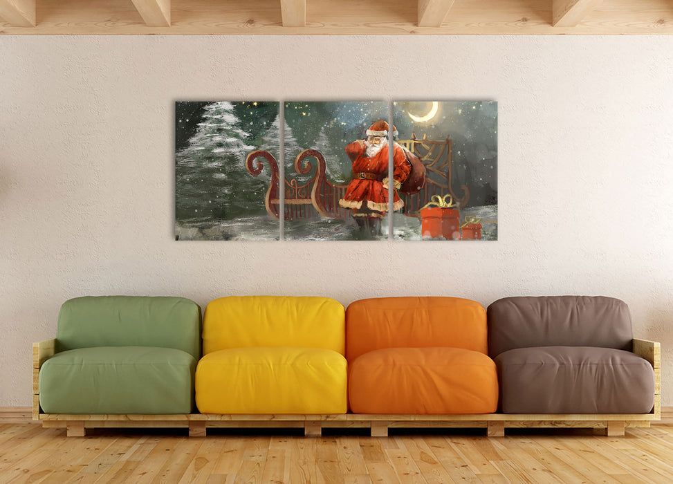 Weihnachtsmann mit Geschenken, XXL Leinwandbild als 3 Teiler