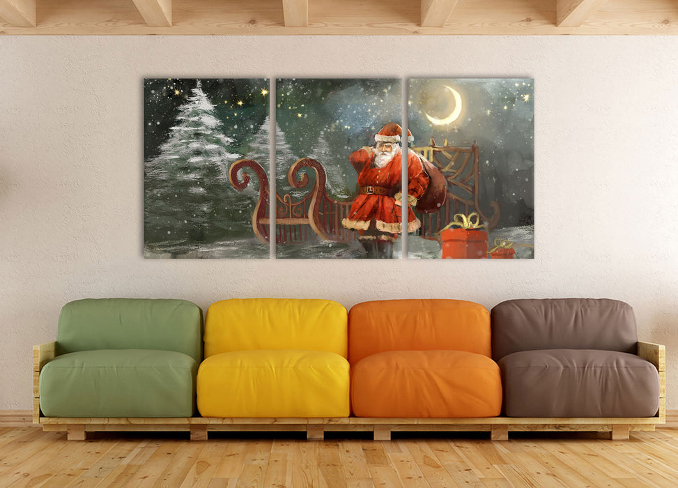 Weihnachtsmann mit Geschenken, XXL Leinwandbild als 3 Teiler