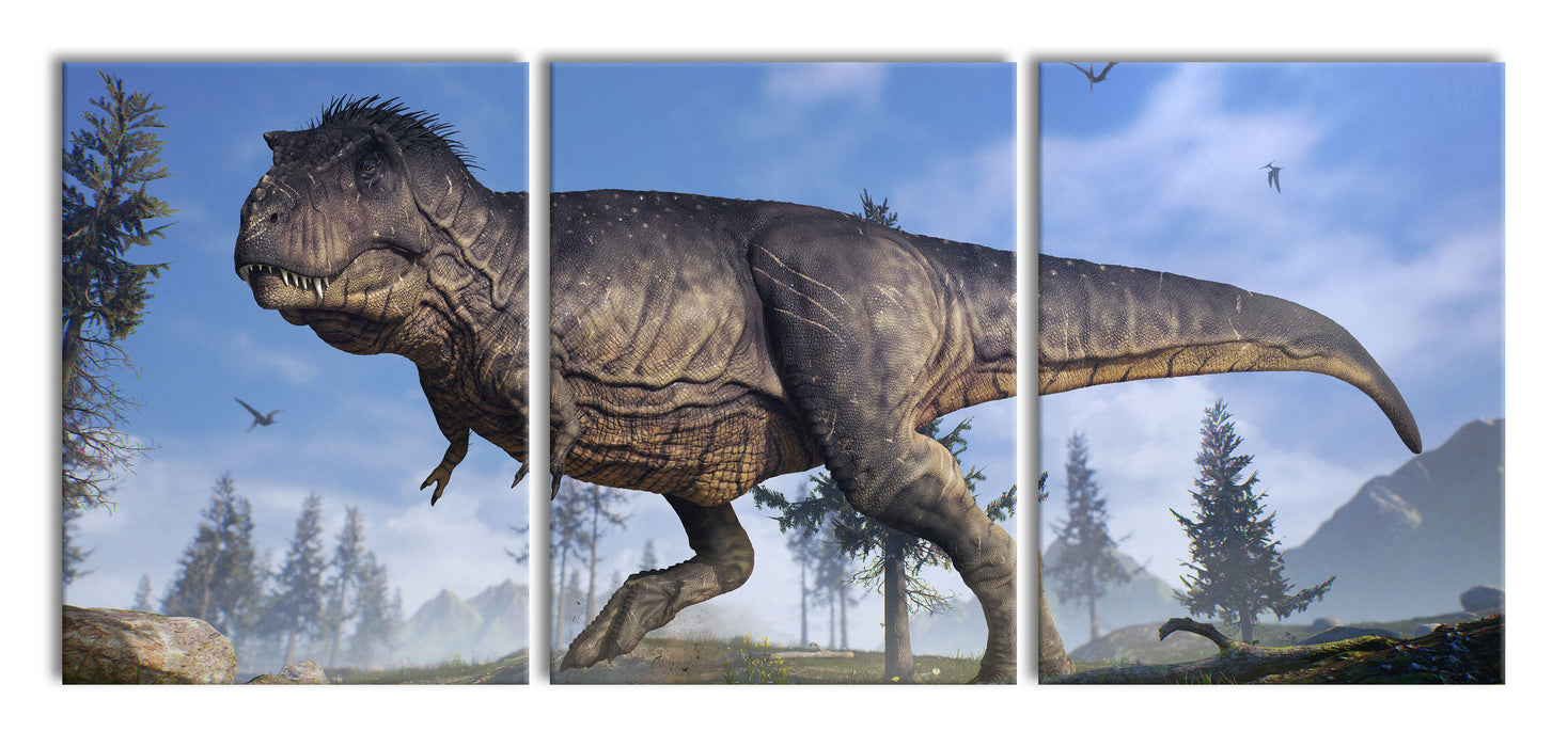 T-Rex Dinosaurier in der Natur, XXL Leinwandbild als 3 Teiler