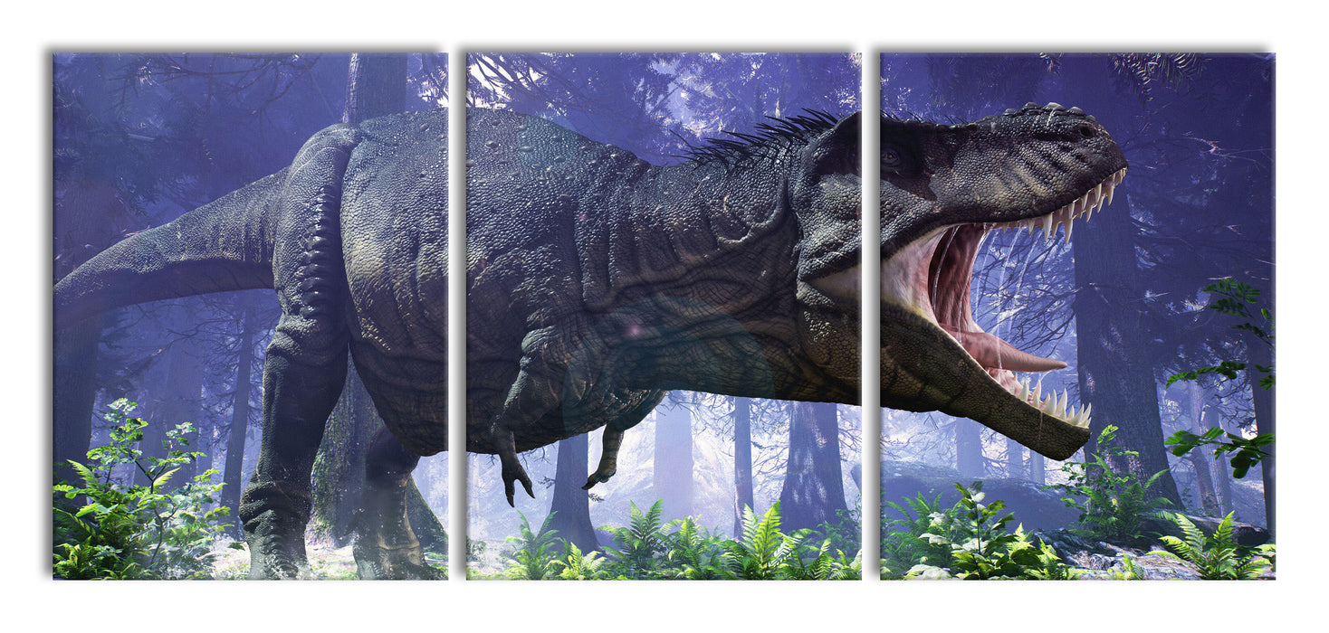 T-Rex Dinosaurier im Wald, XXL Leinwandbild als 3 Teiler